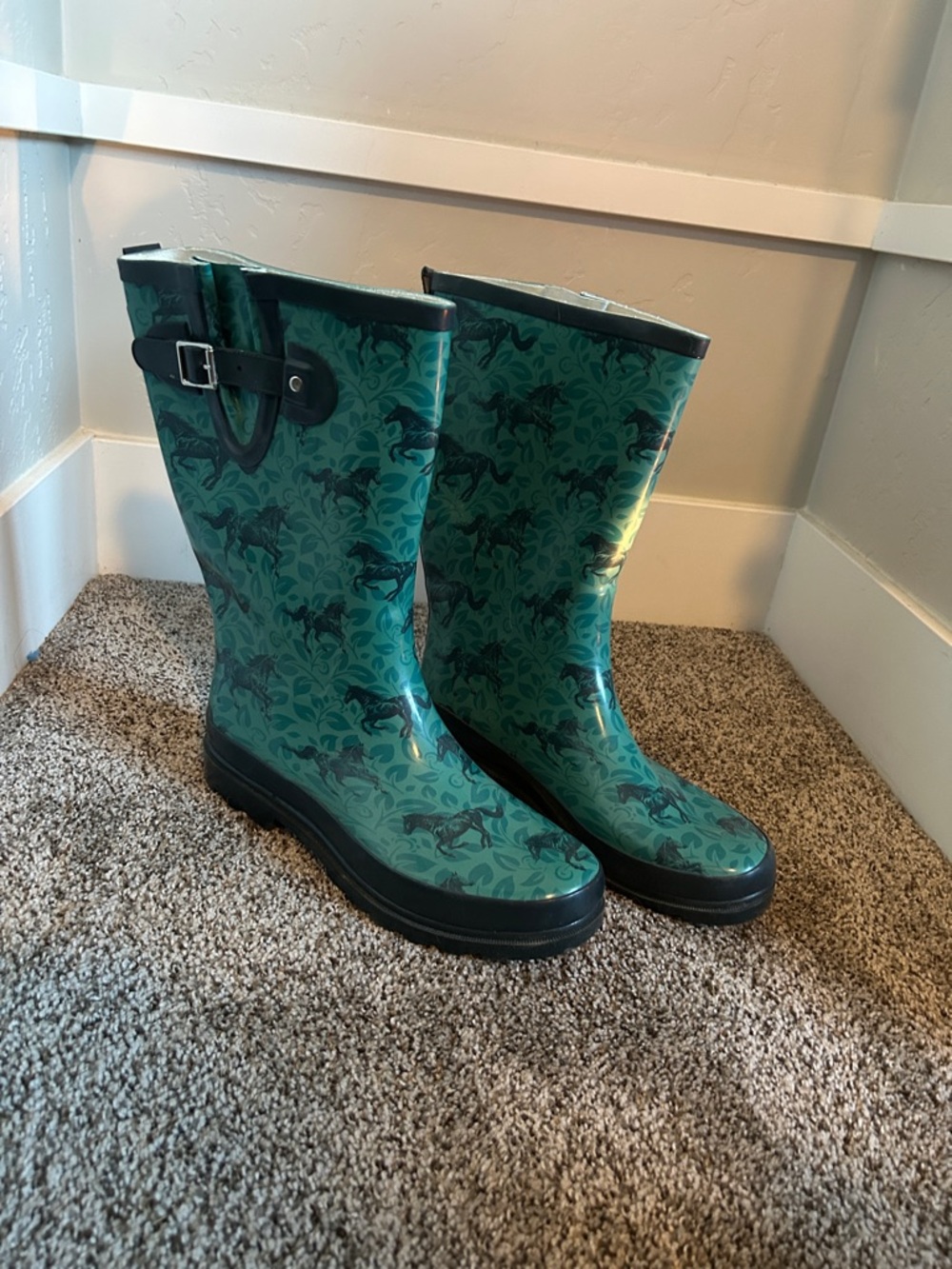 Western Chief Teal Horse Print Rain Boots with Black Trim